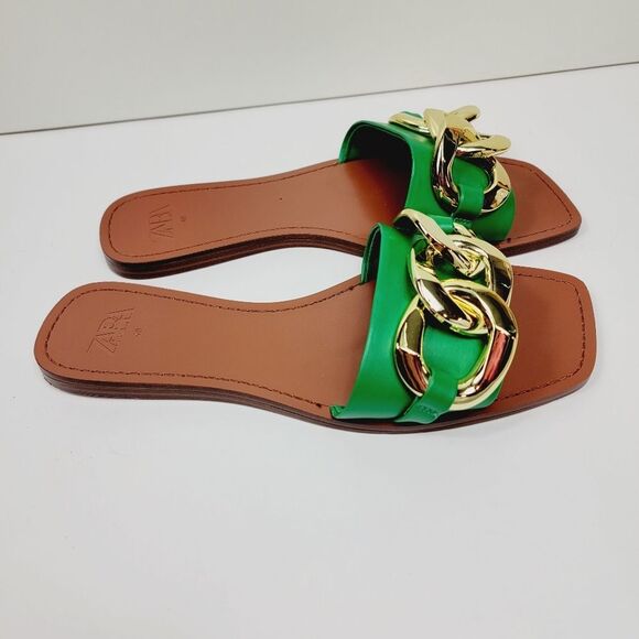 ZARA GREEN METAL CHAIN FLAT SANDALS Size 40 US9 - Picture 5 of 9